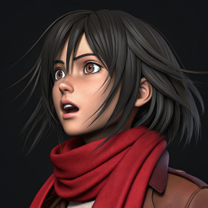 Mikasa Ackerman, digital 3D model. Surprised expression. Red scarf against dark background. Attack on Titan themed. Rendered with high detail for hair movement.