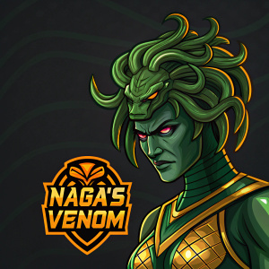 A menacing character inspired by Medusa, green and alien-like with a snake headdress. Green and gold color scheme. Sharp, intense face with a sinister expression. Dark background with Naga's Venom logo in bold, angular font. Central figure with orange hue branding.