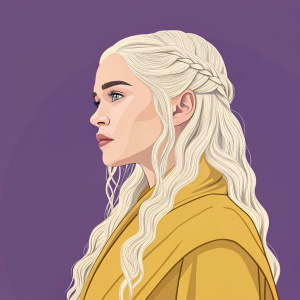 Digital illustration of Daenerys Targaryen. Long platinum blonde hair, intense expression. Purple background, wearing a golden robe. Minimalist style