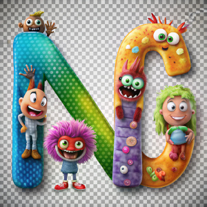Letters  ñ   with beautiful children's drawings of monsters, without background.
