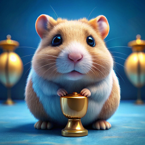 A macro-detailed image of humster against a background of polished floor with a soft blue pattern. Humster is sitting on the floor and looking straight ahead with bright eyes, the background is out of focus. There is a gold award in the form of a cup nearby.