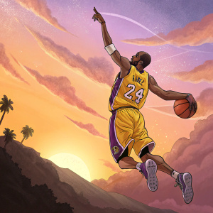 Cartoon depiction of Kobe Bryant. He's in mid-air, arm extended, wearing Lakers jersey with number 24. Vibrant sunset background.