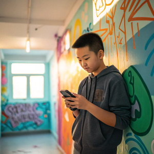 Young Asian teenager with a short haircut, holding a smartphone, standing in a brightly lit room with colorful graffiti on the walls.