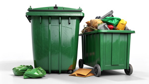 rear view.realistic.dark green.large garbage with a  open garbage on the ground.on white background.