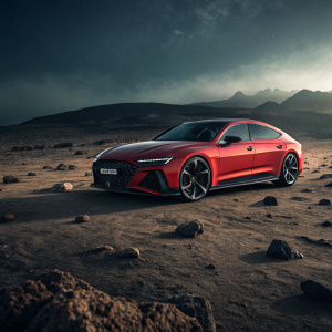 A high-definition image showcasing the Audi RS7 Sportback. Positioned on a desolate, rocky terrain with dramatic lighting, emphasizing the car's aggressive and futuristic design.