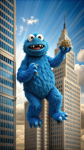 evil cookie monster, hanging on a building like king kong, vector design, 