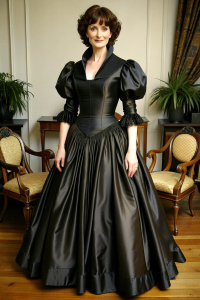 Period correct 40 yo attractive Victorian brunette in shiny black satin dress, very narrow waist and massive prominent bosom. long puff sleeves, floor length big skirt with petticoat.   by  dinner table