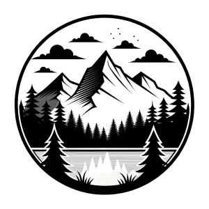 summer camp silhoutte logo, clean simple lines, black and white