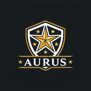 The Aurus logo, featuring a star-like emblem atop a shield design, with the brand name 'AURUS' in bold letters. The design is on a sleek, black background with accents of gold and white.