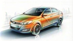 the drawing of the lada vesta, transparent inside, against the background of the gray city is also visible through the car, traces of the car