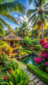 Lush tropical garden outside a Balinese villa, with a variety of exotic plants and flowers creating a paradise-like atmosphere.
