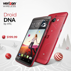 Homepage of Verizon Wireless showcasing the DROID DNA by HTC. Price displayed: $199.99. Image of sleek smartphone
