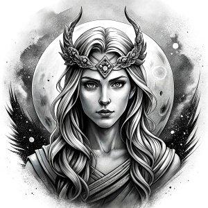 Nordic Godness Snotra - perfect realistic art, high-definition grey and black, white background tattoo design