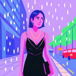Yoona, elegant asian actress, in a black dress with intricate neckline design. Standing on a busy urban street during a rainy evening.