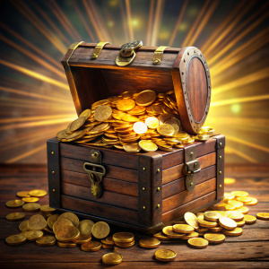 Treasure chest open, reveal lots of gold coins, overflow with gold coins