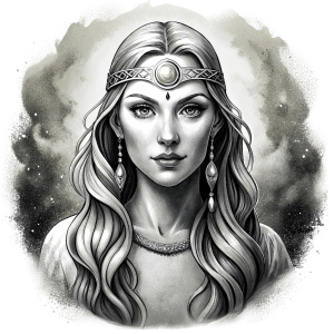 Saga, The Seer - Nordic Goddess of Sagas & Myths perfect realistic art, high-definition grey and black, white background tattoo design