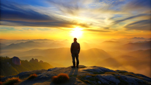 A man stands at sunset on a mountain