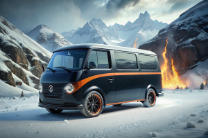 FUTURISTIC CONCEPT CAR monster truck MINIVAN VW T2, black+orange+blue,vinil decole with flame,in the SNOWSTORM mountain,