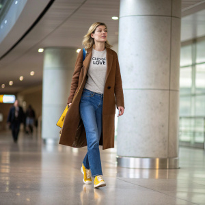 Rosamund Pike, in casual attire, walking through a modern airport terminal. She wears a brown coat, t-shirt with 'choos love' slogan, blue jeans, and yellow sneakers. The space features a large pillar and soft lighting.