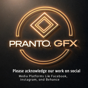 Logo of Pranto.GFX with metallic glow, standing out against a dark background. Beneath the logo, a message requesting acknowledgment of their work on social media platforms like Facebook, Instagram, and Behance.
