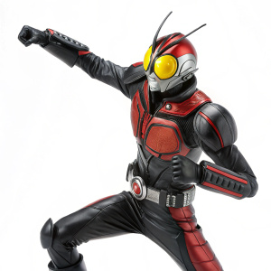 Kamen Rider Faiz action figure. Futuristic pose. Black and red costume. Bug-like helmet. Bright yellow visor. White background.