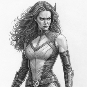 A detailed pencil sketch of a female wolverine from the X-Men series. Fierce expression, long wavy brown hair, form-fitting costume with belt, highlighting muscular physique and costume details, on a plain background, black and white drawing