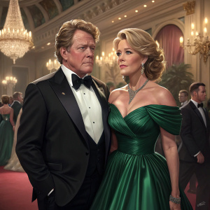 Tom Berenger and Laura Moretti at a glamorous gala. Tom in a classic black tuxedo. Laura in a stunning green off-shoulder gown.