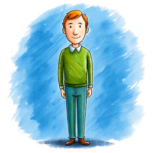 40 years old man, as a drawing for a cartoon, on a white background, whole body 