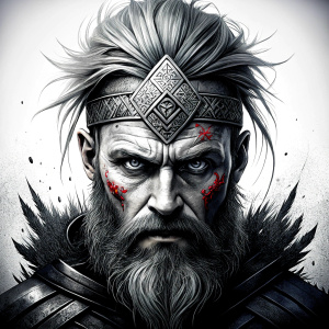 walhalla, viking warrior,  runics face, black work, white backrounds