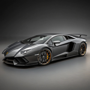 3D rendering of Lamborghini Aventador in dark grey, aggressive design, low body, sharp angles, neutral grey background