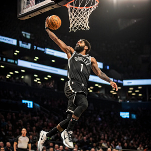 Kyrie Irving, in a game action shot, mid-air during a fierce dunk, wearing his Brooklyn Nets jersey. Background is blurred, showcasing the arena's crowd. Emblems and logos of the NBA and Brooklyn Nets subtly visible.