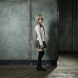 Anime character design. Long-haired girl in school uniform. White shirt, plaid skirt, black stockings. Dark background, isolated.