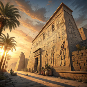 Imposing stone wall adorned with ancient Egyptian hieroglyphs at Luxor Temple. Golden hour lighting casting long shadows.
