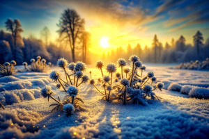 Winter season outdoors landscape, frozen plants in nature on the ground covered with ice and snow, under the morning sun