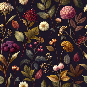 DARK BROWN  background   , watercolor RENAISSANCE   image with dark brown   background , IVORY VIBURNUM  ,  CRASPEDIA ,  ,anemone ,hollyhock ,CORTADERIA ,BRASSICA,DAUCUS  ,astrantia ,LATHYRUS,  achillea, physalis , watercolor, dark brown  background FOR WRAPPING PAPER VINTAGE 