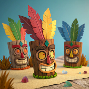 A vibrant 3D render featuring Aku Aku masks from Crash Bandicoot 4. Each mask has a unique rough wooden texture and colorful feathers. Set against a bright, colorful backdrop, the scene exudes playfulness and creativity.