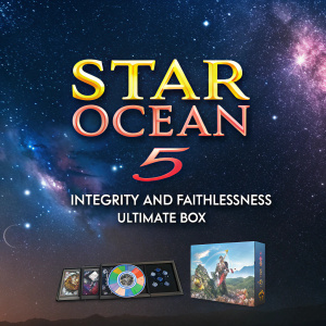 Promotional poster for Star Ocean 5 - Integrity and Faithlessness ULTIMATE BOX. Cosmic theme with starry sky. Game discs and box showcased.