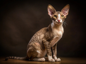 Cornish Rex cat in studio with dark brown background