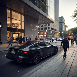 A sleek black Audi RS7 parked outside a modern office building. Crowded street scene with people walking by.