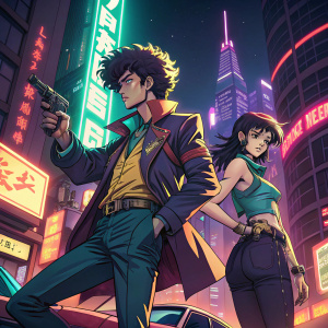 Digital illustration featuring characters from Cowboy Bebop. Neon-lit cityscape background. Jet Black in relaxed pose, Spike Spiegel with gun drawn, and Faye Valentine in a striking stance.