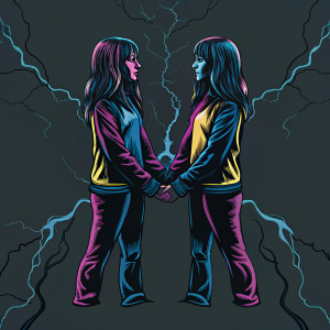 Illustration of Hannah Montana and Miley Cyrus in a comic-style scene. Dark blue background, detailed lightning patterns. Characters in blue and yellow outfits, long hair, symmetrical composition.