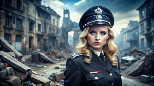 Beautiful blue-eyed blonde, in a black SS officer's uniform stands on the ruins of the city
