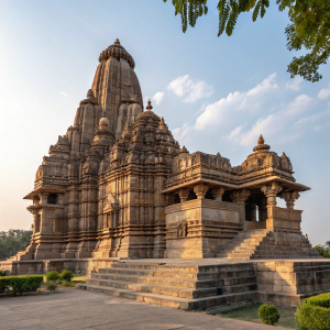 The Kandariya Mahadev Temple, located in Khajuraho, India, is a UNESCO World Heritage Site. It features elaborately carved stone towers.