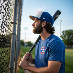 Charlie Culberson, Caucasian male with a beard, stands by a chain-link fence in a baseball field, holding a black bat. Wearing a blue t-shirt with a baseball logo and a cap with a team emblem. Outdoor practice area with natural lighting.