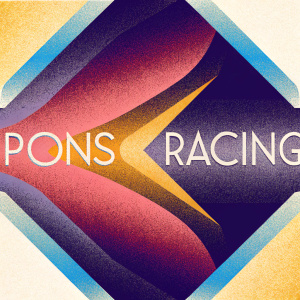 PONS Racing's sleek logo showcases a dynamic, modern aesthetic. It combines a bold, fiery red abstract shape with the words 'PONS' and 'RACING' in a contemporary font. The monochromatic color palette highlights the striking red accent, creating a simple yet impactful design.