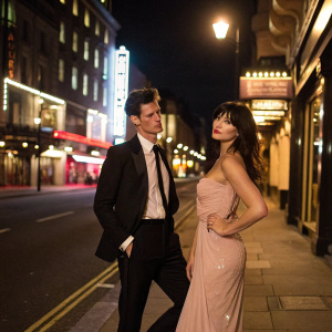 Matt Smith and Daisy Lowe, dressed in black suit and elegant gown respectively, pose for a candid photo shoot in a bustling city street at night.