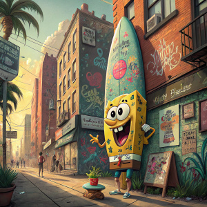 A colorful mural featuring a giant SpongeBob SquarePants surfboard. City street scene with various posters and graffiti on the walls.