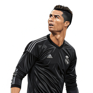 Vector illustration of Cristiano Ronaldo in a sleek black jersey. White background. High focus on jersey details and facial expression.