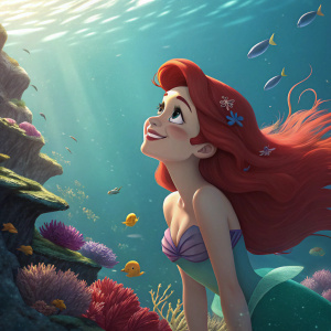 A 3D render of Ariel from Little Mermaid, smiling warmly with long flowing red hair. Oceanic theme