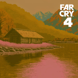 3D rendering of a serene lakeside setting in Far Cry 4. A rustic wooden cabin with a thatched roof stands on a rocky shoreline, overlooking a tranquil lake. The scene is surrounded by majestic mountains adorned with autumn foliage. The water's surface reflects the vibrant colors of the surroundings. Detailed textures enhance the realism of wood, water, and foliage. Far Cry 4 logo prominently displayed.